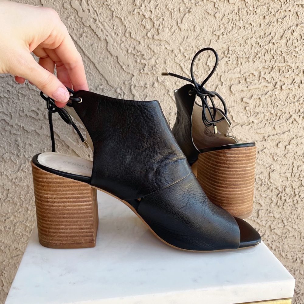 KENNETH COLE Black Leather Katarina Open Toe Chunky Sandal Heels Sz 9 - Picture 4 of 13